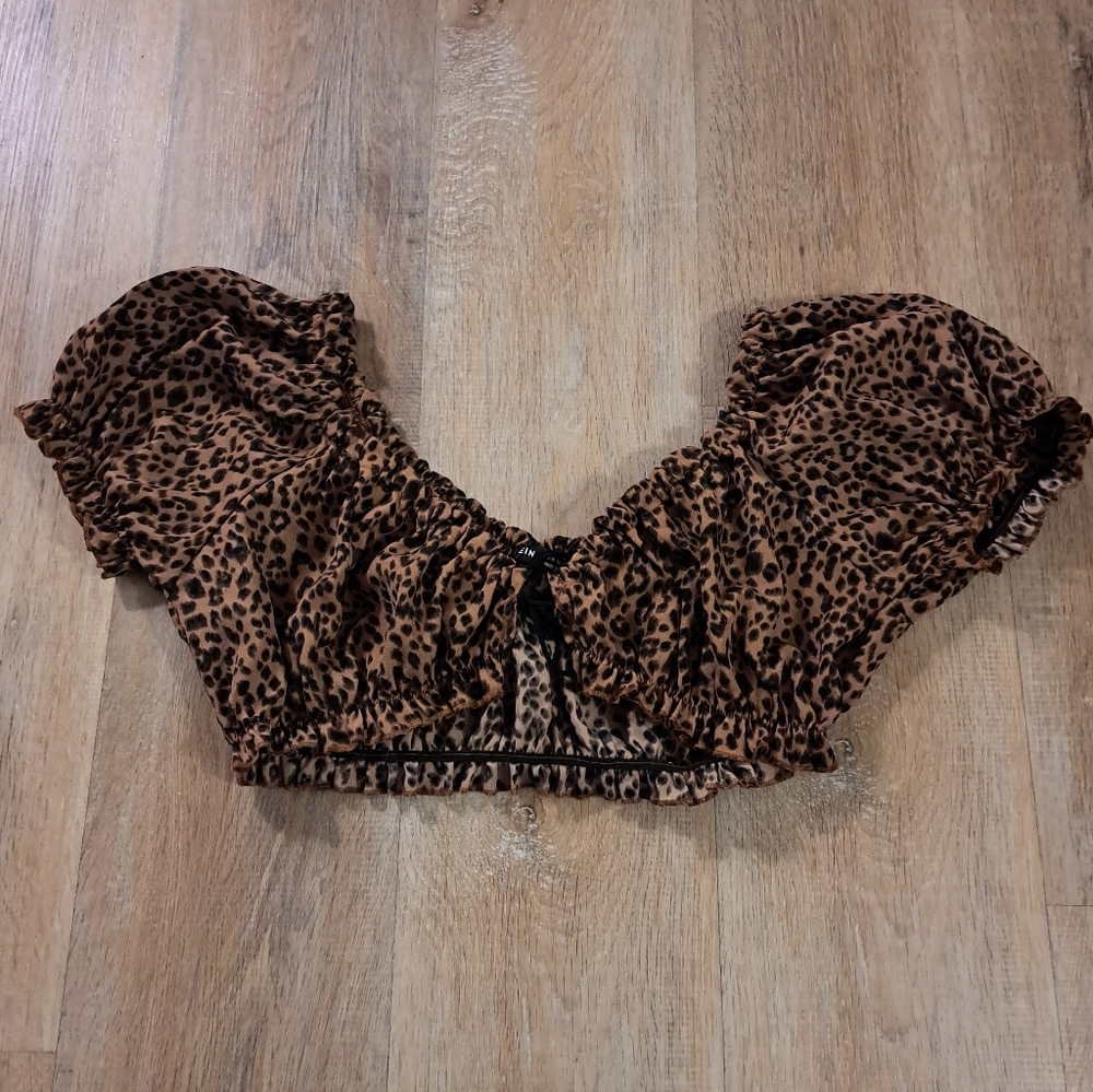 SHEIN Brown Black Leopard Print Puff Sleeve Crop Top Women's Size Medium